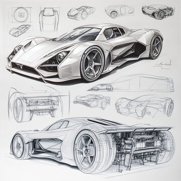 technical sketch CAD drawing futuristic supercar with detail and sketch work