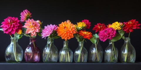 Colorful dahlias arranged in transparent vases create a vibrant display on a dark background © InfiniteStudio