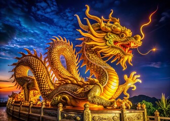 Obraz premium Majestic golden dragon sculpture with intricate details representing power and fantasy in art form
