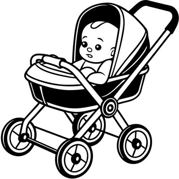 recommend clip art: newborn baby modern stroller line art vector illustration 