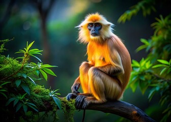 Majestic Golden Langur Sitting Gracefully on a Branch in Lush Green Forest Habitat of India