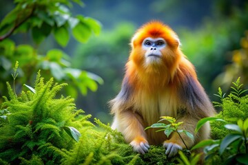 Naklejka premium Majestic Golden Monkey in Natural Habitat Surrounded by Lush Greenery and Vibrant Flora