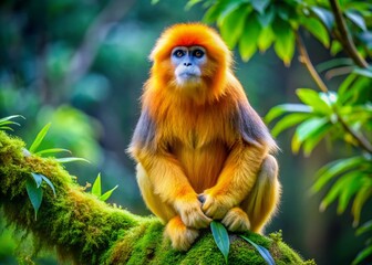 Obraz premium Majestic Golden Monkey Sitting on a Tree Branch Surrounded by Lush Greenery in Natural Habitat