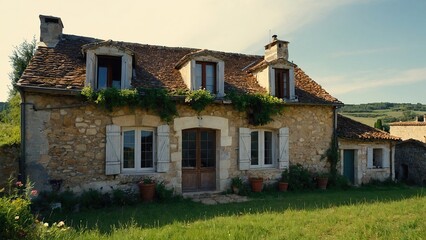 vintage house in the field with blue windows