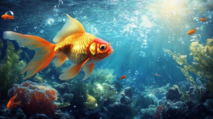 Naklejka premium A goldfish swims defiantly against a current, embodying resilience in a colorful underwater scene.