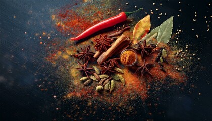 A vibrant array of spices and herbs, including red chili peppers, star anise, cinnamon sticks, bay...