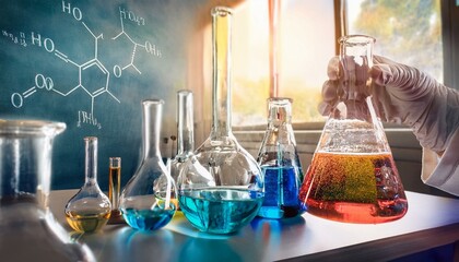 Chemistry laboratory with a bench containing glassware with chemical products in various colors, a...