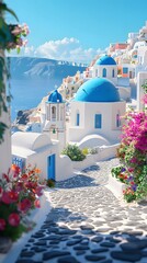 Animated advertisement of Santorini, with white buildings and blue domes overlooking the sea