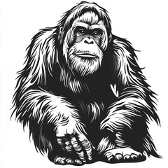 A black and white illustration of an orangutan, a large ape native to Indonesia and Malaysia.