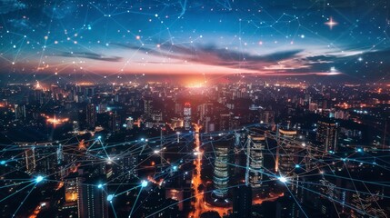 Fototapeta premium A cityscape at dusk with a network of digital connections overlay, depicting urban connectivity and technological integration.