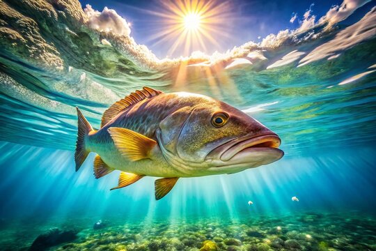 Majestic Jewfish Swimming Gracefully in Crystal Clear Ocean Waters Under Bright Sunlight