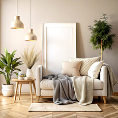 Home mockup, cozy interior background, 3d render, white Mock up frame