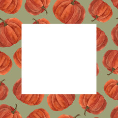 Watercolor pumpkin frame for Halloween 2024 Autumn decoration Thanksgiving poster postcard banner greeting card Wrapping paper design Harvest festival green border Ripe gourd Hand drawn background