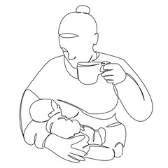 One continuous single drawing line art doodle parent, happy, mom, motherhood, care, love, milk, food. Isolated flat illustration hand draw contour on a white background
