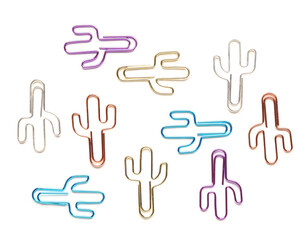 Colorful binder clips in shape of cactus on white background