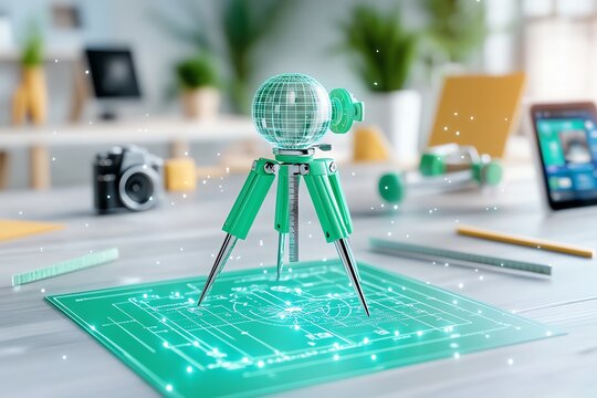 A 3D-rendered virtual educational toolkit, including digital compasses, rulers, and interactive learning apps for students