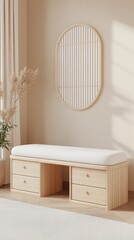 Fototapeta premium A functional Japanese-style storage bench features a white cushion, light wood drawers, and complements a serene, beige-walled room with greenery and wooden floors