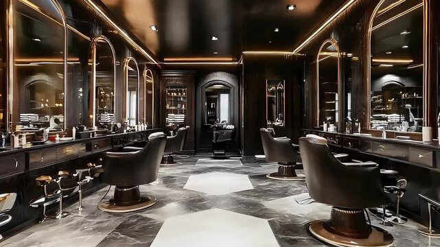 Luxurious Modern Barbershop Interior, Elegant Grooming Space with Stylish Chairs, Dark Aesthetic, High-End Salon Design