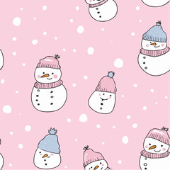 Doodle seamless pattern of cute Christmas snowmen
