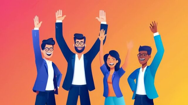 Happy diverse business team give high five together, slow motion
