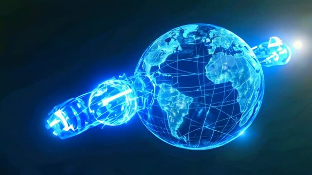 Sphere with two blue poles from which information is released. Packets of 0 and 1 connecting the globe. Communication between 2 extremes, exchange of digital information on Earth. Internet .