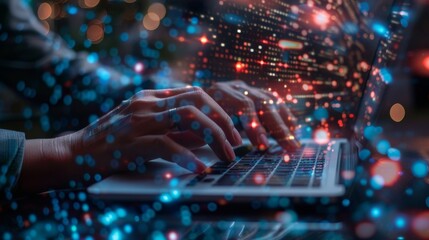 Fototapeta premium Close-up of hands typing on a laptop with a digital overlay of code and bokeh lights, representing technology and programming.