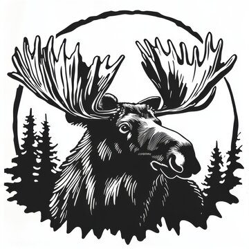 Black and white illustration of a moose with antlers in front of trees and a full moon.