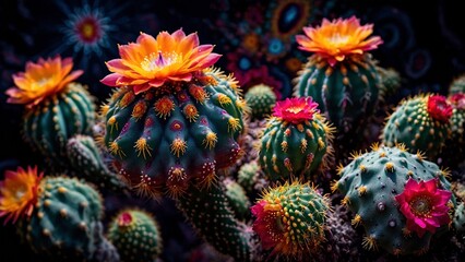 Beautiful psychedelic art illustration of entheogenic flowering Peyote cactuses against the dark background. Vibrant Lophophora williamsii trippy psychoactive psy trance illustration artwork.