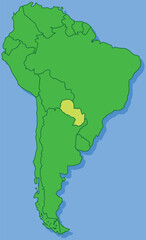 Highlighted map of PARAGUAY inside detailed blank flat political map of South (Latin) American continent on isolated background