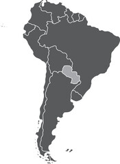 Highlighted map of PARAGUAY inside detailed blank flat political map of South (Latin) American continent on isolated background