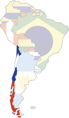 Highlighted map of CHILE inside detailed blank flat political map of South (Latin) American continent on isolated background