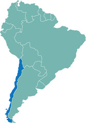 Highlighted map of CHILE inside detailed blank flat political map of South (Latin) American continent on isolated background