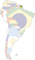 Obraz premium Highlighted map of FRENCH GUIANA inside detailed blank flat political map of South (Latin) American continent on isolated background
