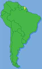 Highlighted map of FRENCH GUIANA inside detailed blank flat political map of South (Latin) American continent on isolated background