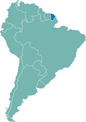 Highlighted map of FRENCH GUIANA inside detailed blank flat political map of South (Latin) American continent on isolated background