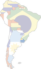 Highlighted map of URUGUAY inside detailed blank flat political map of South (Latin) American continent on isolated background