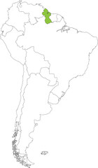 Highlighted map of GUYANA inside detailed blank flat political map of South (Latin) American continent on isolated background