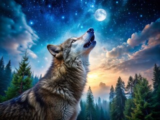 Majestic Timber Wolf Howling Under a Starry Night Sky in a Serene Forest Landscape