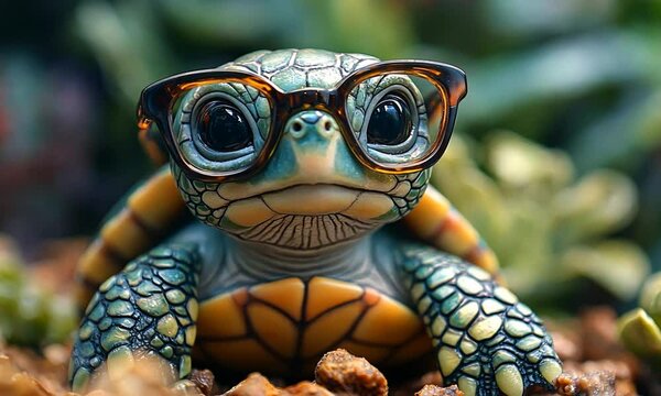 A cute turtle wearing glasses amidst greenery.