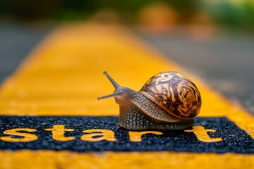 A determined snail crossing the marathon start line on a bright yellow background with start text during a fun run event