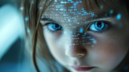 Little girl with digital code data overlay, cyberspace and information technology of the future. Ai education and cybersecurity