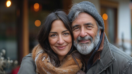 Obraz premium Elderly Couple Smiling Together Outdoors with Warm Mood Against a Cozy Background