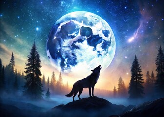 Majestic Wolf Howling Under a Full Moon in a Mystical Night Sky with Stars and Forest Silhouette