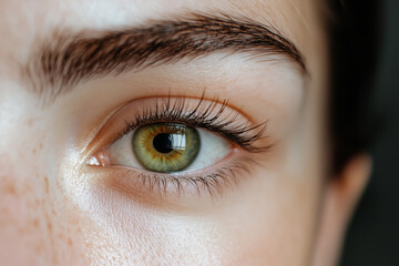 Fototapeta premium Close up woman eye photo. Caucasian female face eye macro nature beauty brown color iris and brown dark hair. Stare look woman close portrait photo