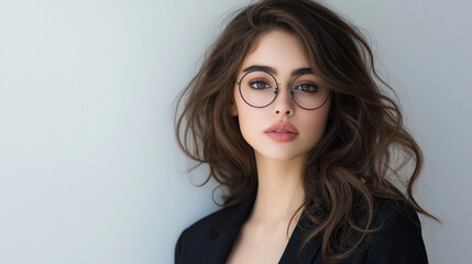 Fototapeta premium A young woman with wavy brown hair, wearing round glasses. She has a fair complexion and is gazing directly at the camera. She is dressed in a black blazer, and the background is a plain white wall.