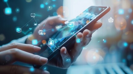 A person is holding a cell phone with a screen displaying a lot of icons