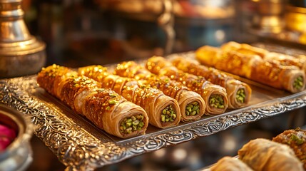 A close up of hand-rolled Turkish pistachio rolls, arranged on a silver tray with intricate designs, set against a traditional Middle Eastern market background