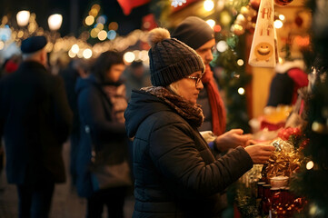 Woman buying christmas decorations and gifts on a festive street market, shopping in illuminated retail store, joyful winter holidays season.