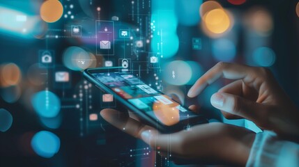 A person is using a cell phone with a blue screen that has a lot of icons