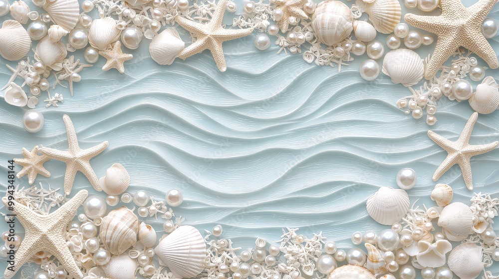 Poster a blue background with a variety of white shells and starfish scattered throughout. the shells and s